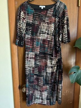 NorthStyle Black Abstract Grid Midi Dress with Teal and Burgundy Accents